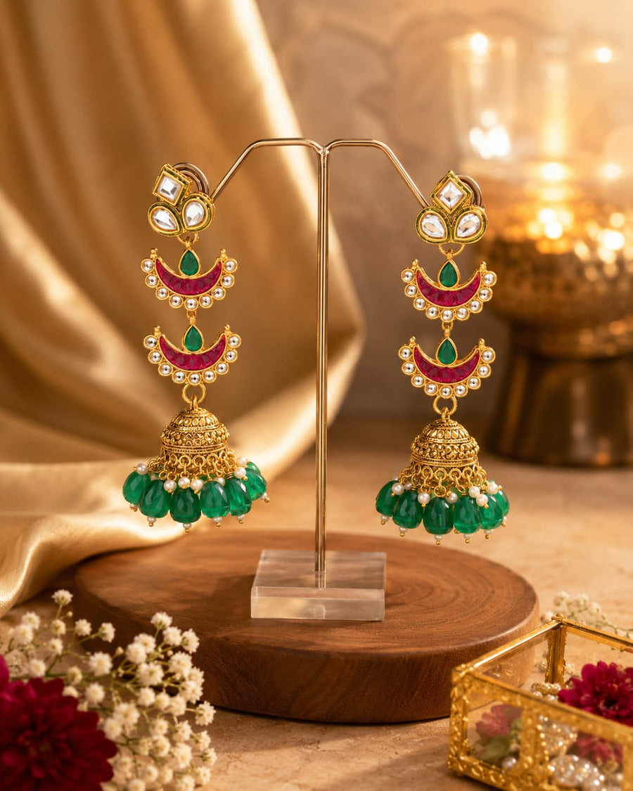Royal Green  kundan Chandbali  oxidised Jhumkas