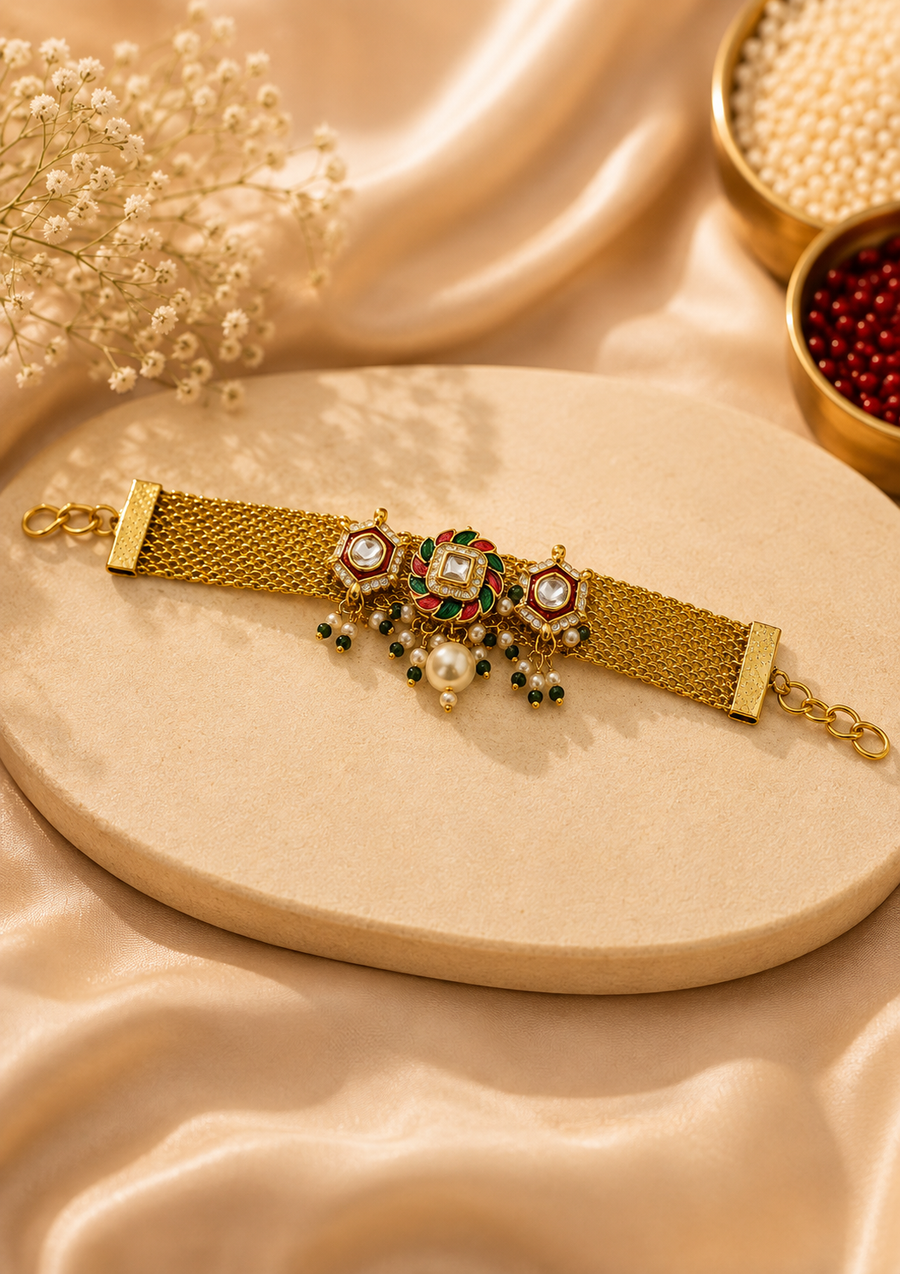Rajwadi Patti & Royal Kundan Mesh Bracelet