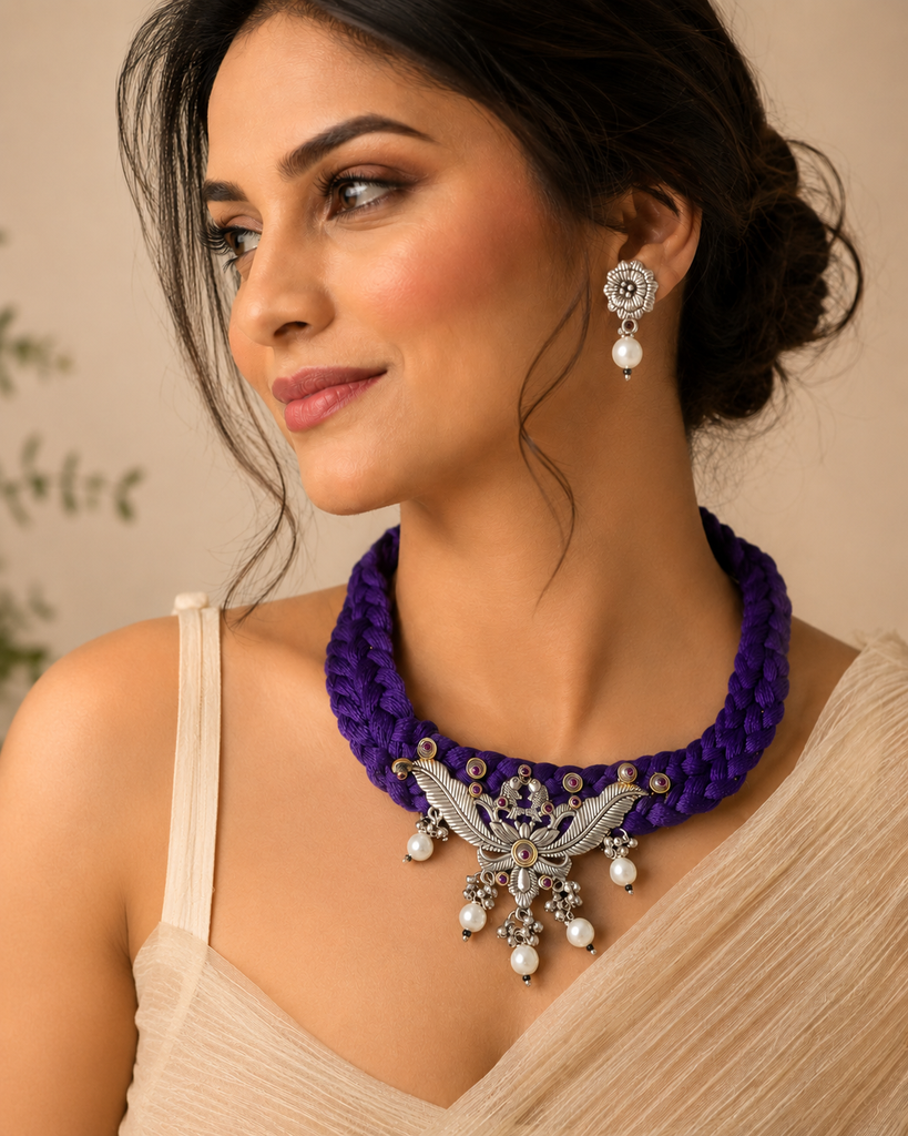 Purple Braided Oxidised  pendant Choker Set