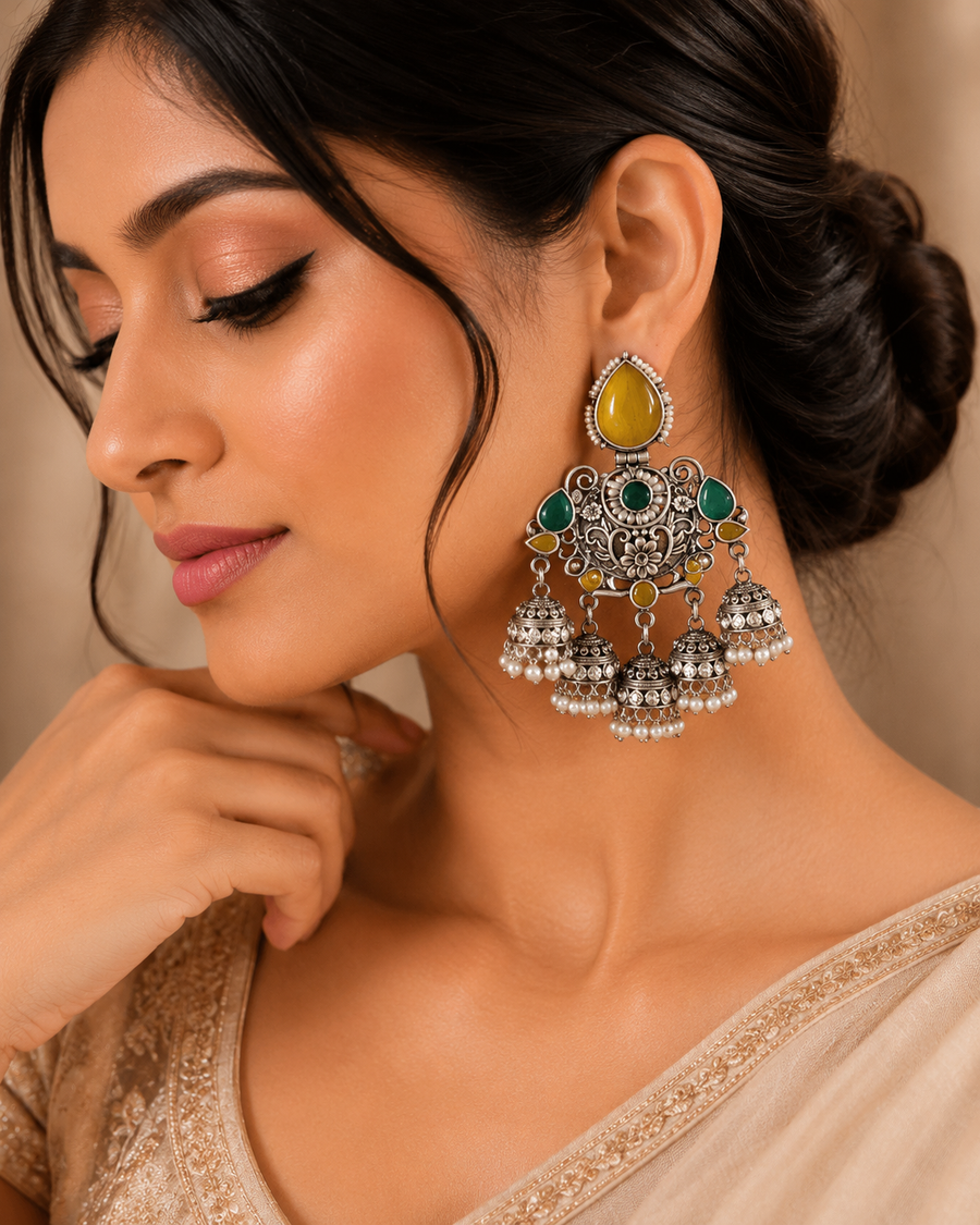 Oxidised Stone Statement Multi Jhumka Earrings