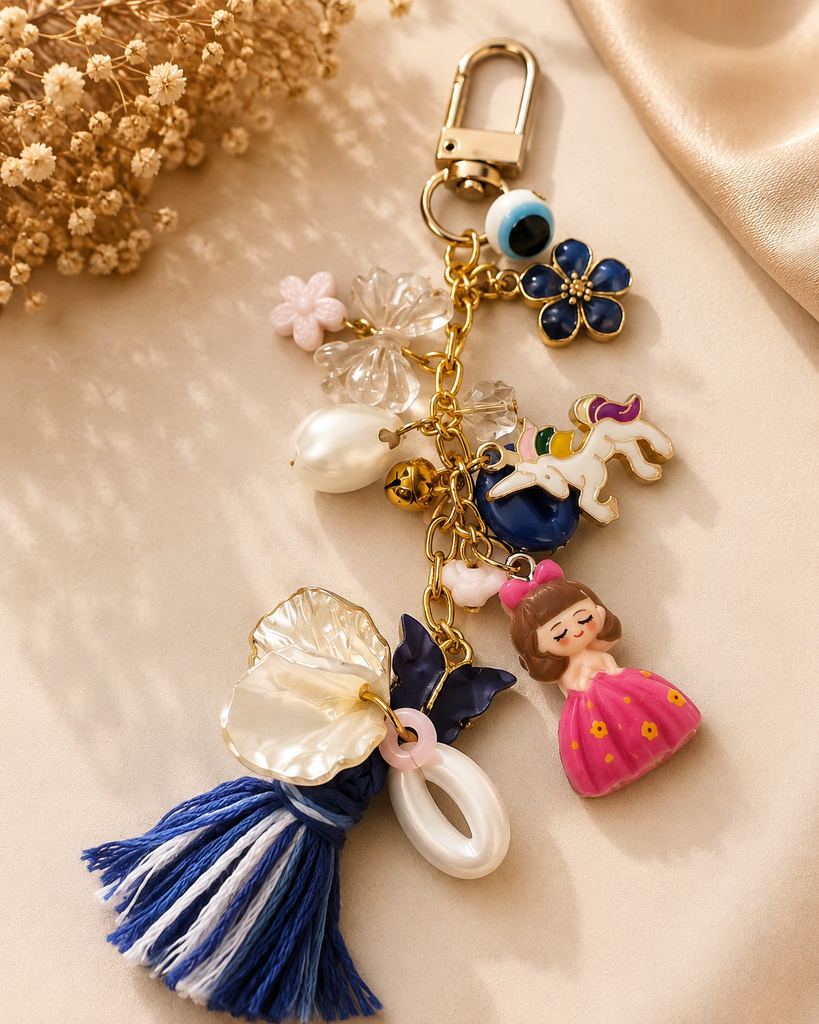 Blue Floral  & Cute Girl Charm Keychain
