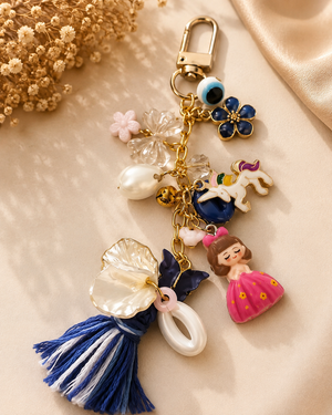 Blue Floral  & Cute Girl Charm Keychain