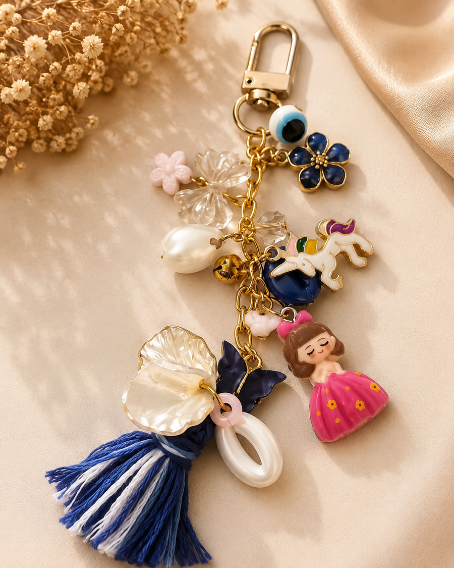 Blue Floral  & Cute Girl Charm Keychain