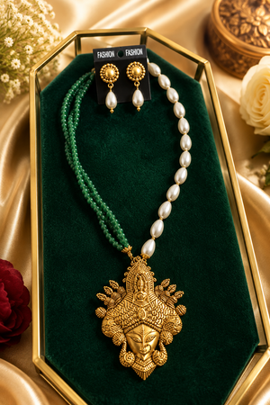 Handmade designer multilayer green crystal &drop pearl with Divine Temple Pendant Set