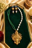 Handmade designer multilayer green crystal &drop pearl with Divine Temple Pendant Set