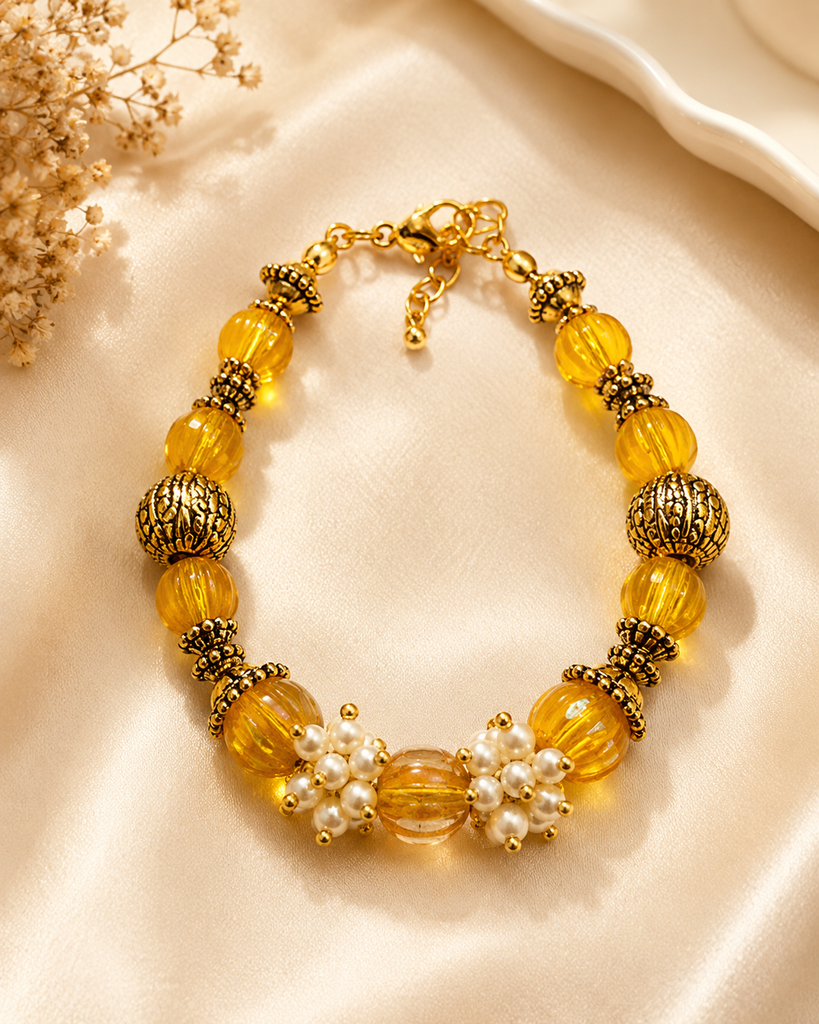 Amber   Designer Crystal Pumpkin Beaded & Floral  pearl bracelet