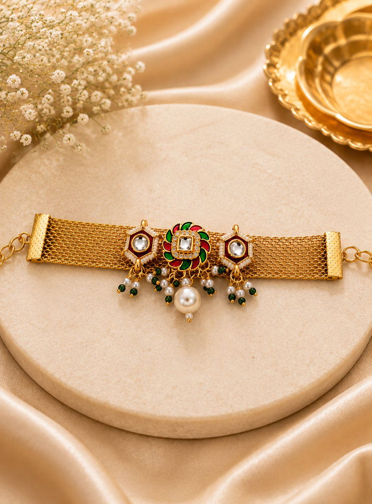Rajwadi Patti & Royal Kundan Mesh Bracelet