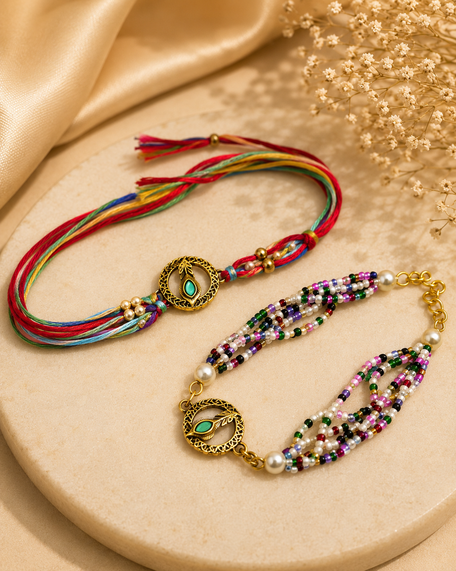 Peacock 🦚 Feather Multicolour beads &Thread couple Rakhi