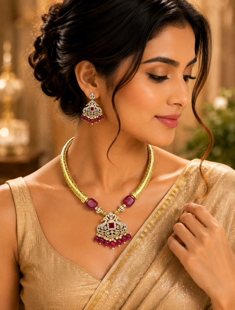 Handmade Hasli & Antique Gold Pendant Necklace set with semiprecious stone beads