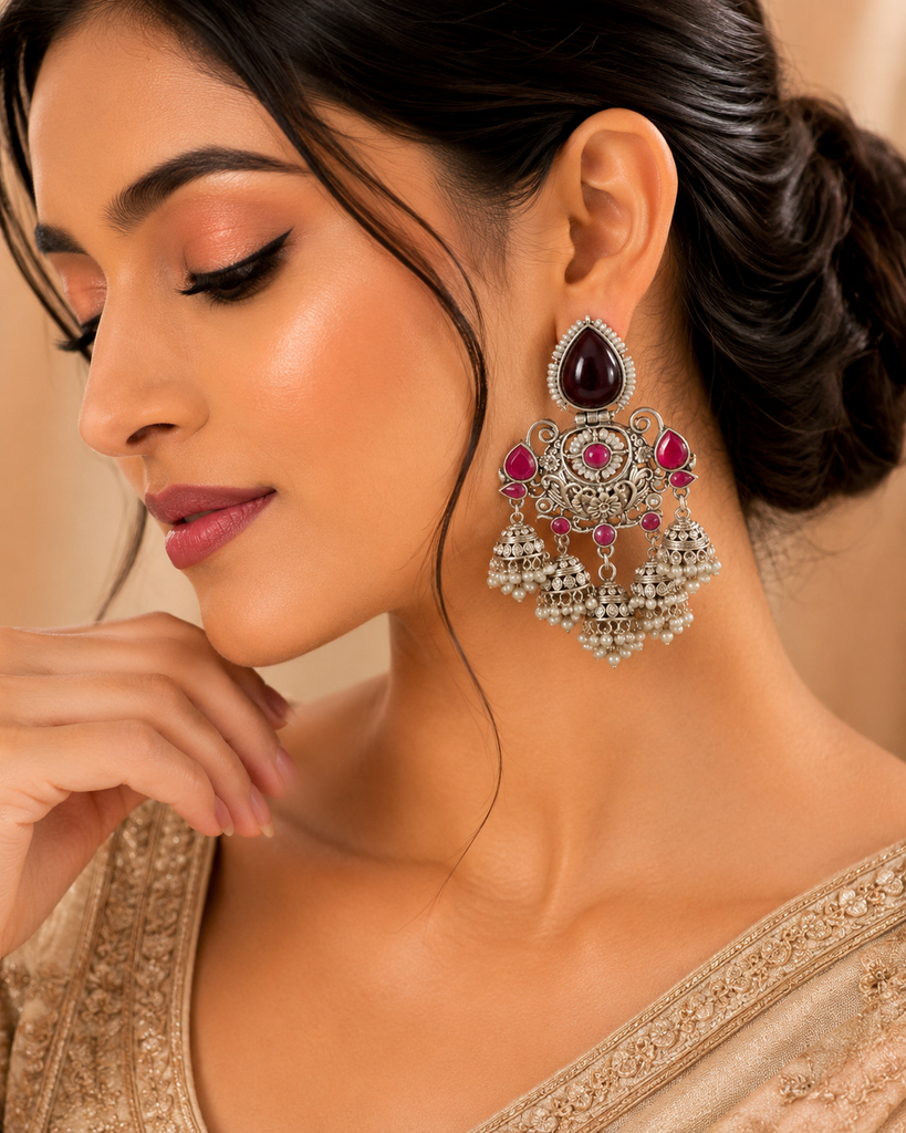 Ruby Stone Statement Multiple Jhumkas Earrings