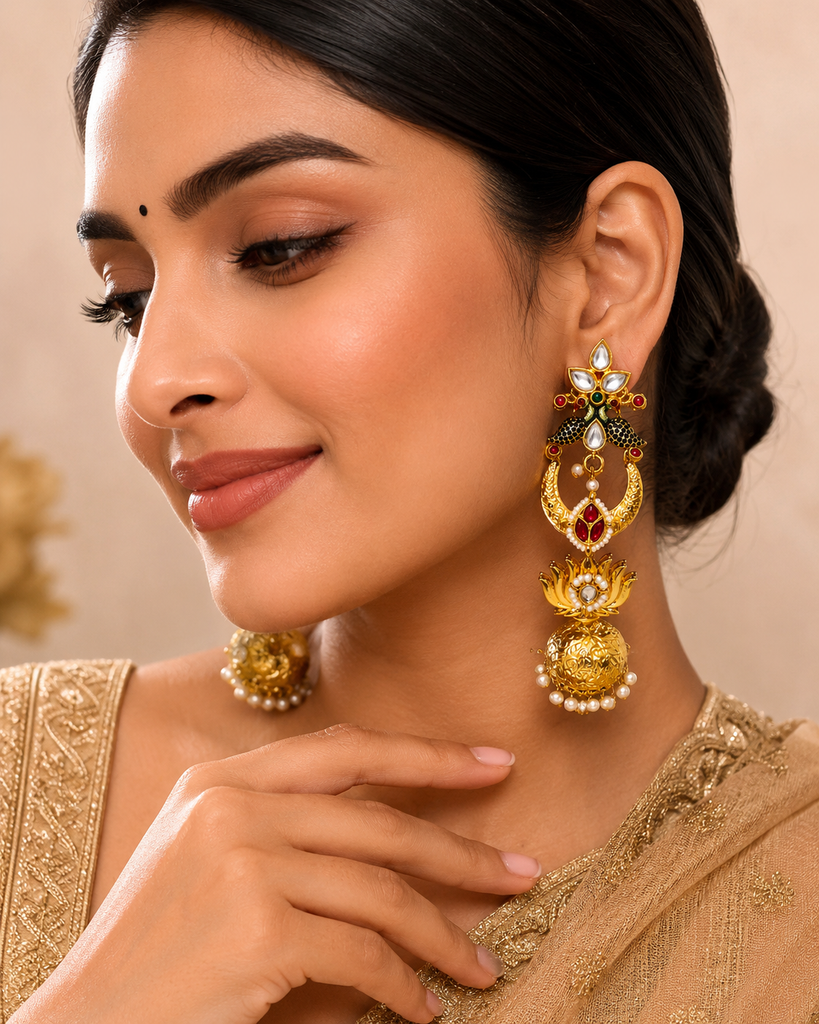 Kundan Lotus Chandbali Jhumka earrings