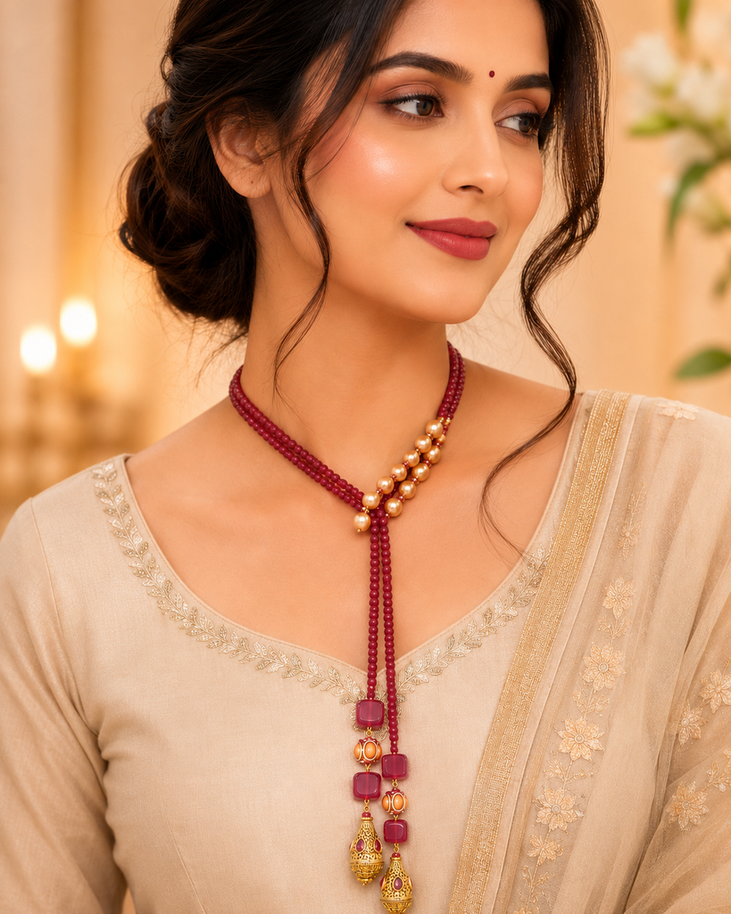 Handcrafted Ruby Pearl Lariat Necklace | premium ethnic jewellery