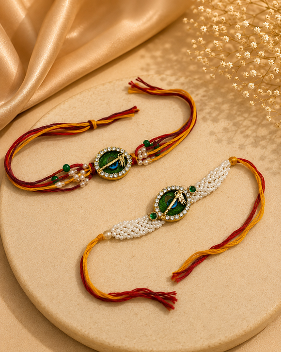 Pearl & Traditional Peacock Rakhi Set