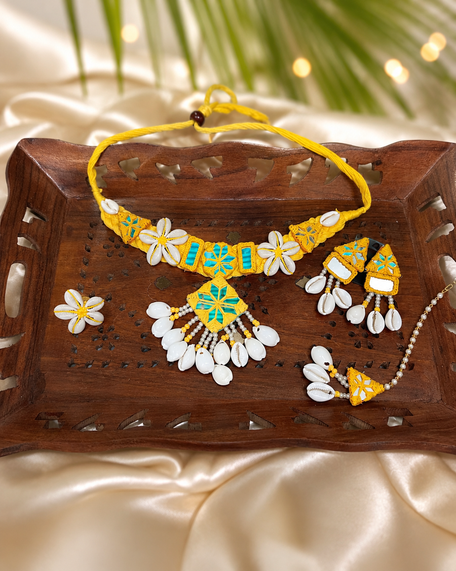 Floral  shell & Mirror Fabric Jewellery Set