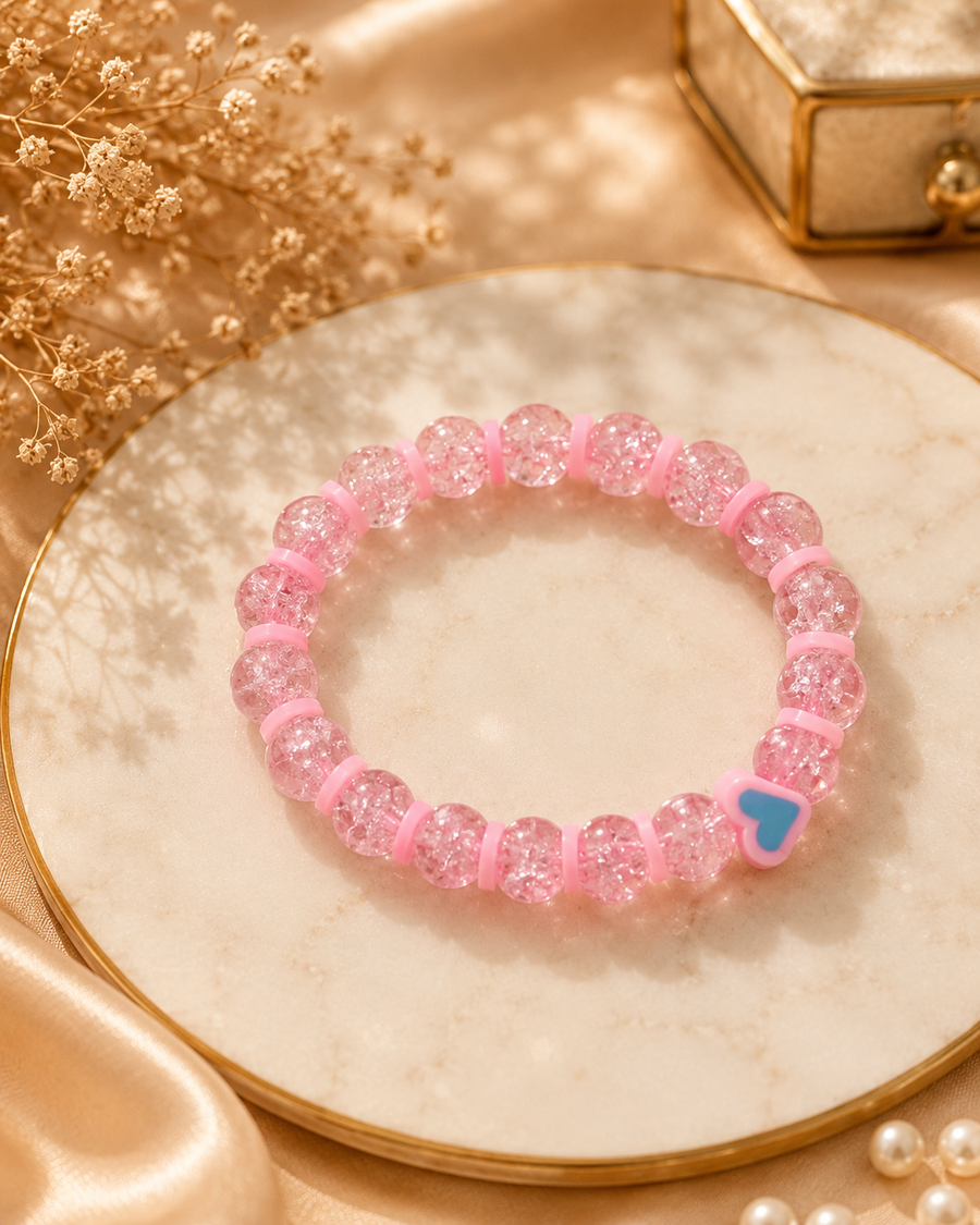 Pink Crackle Bead & Sweet Heart Charm Bracelet