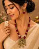 Handcrafted Maroon  Temple  Pendant Statement Necklace