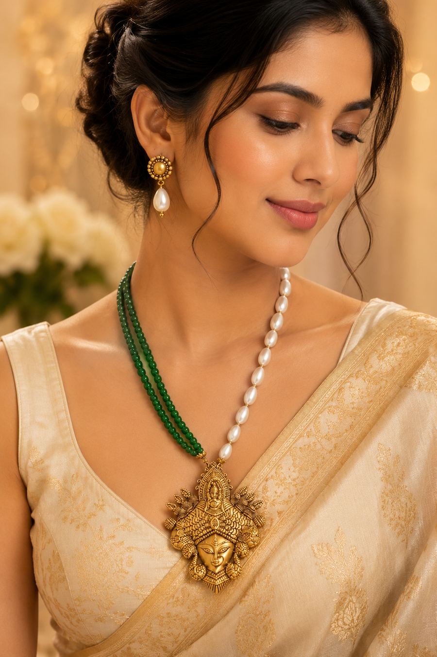 Handmade designer multilayer green crystal &drop pearl with Divine Temple Pendant Set