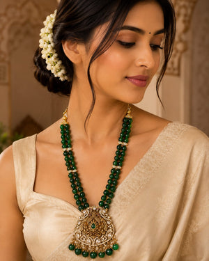 Emerald Stone Oynex   Beads & premium Temple Jewellery Pendant Set