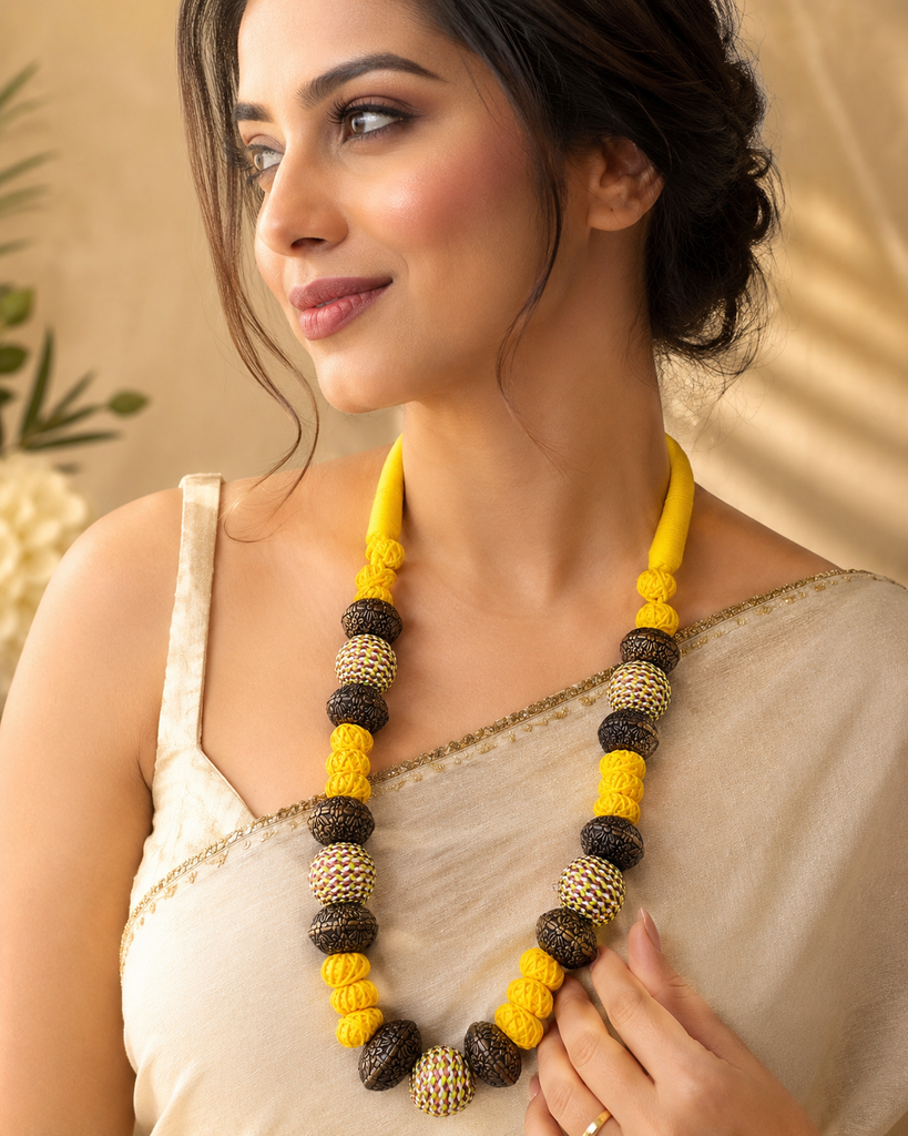 Handcrafted Yellow Beaded Necklace set