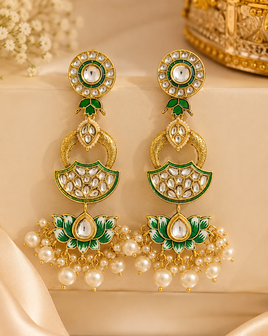 Handmade Heritage Green Chandbali kundan Earrings