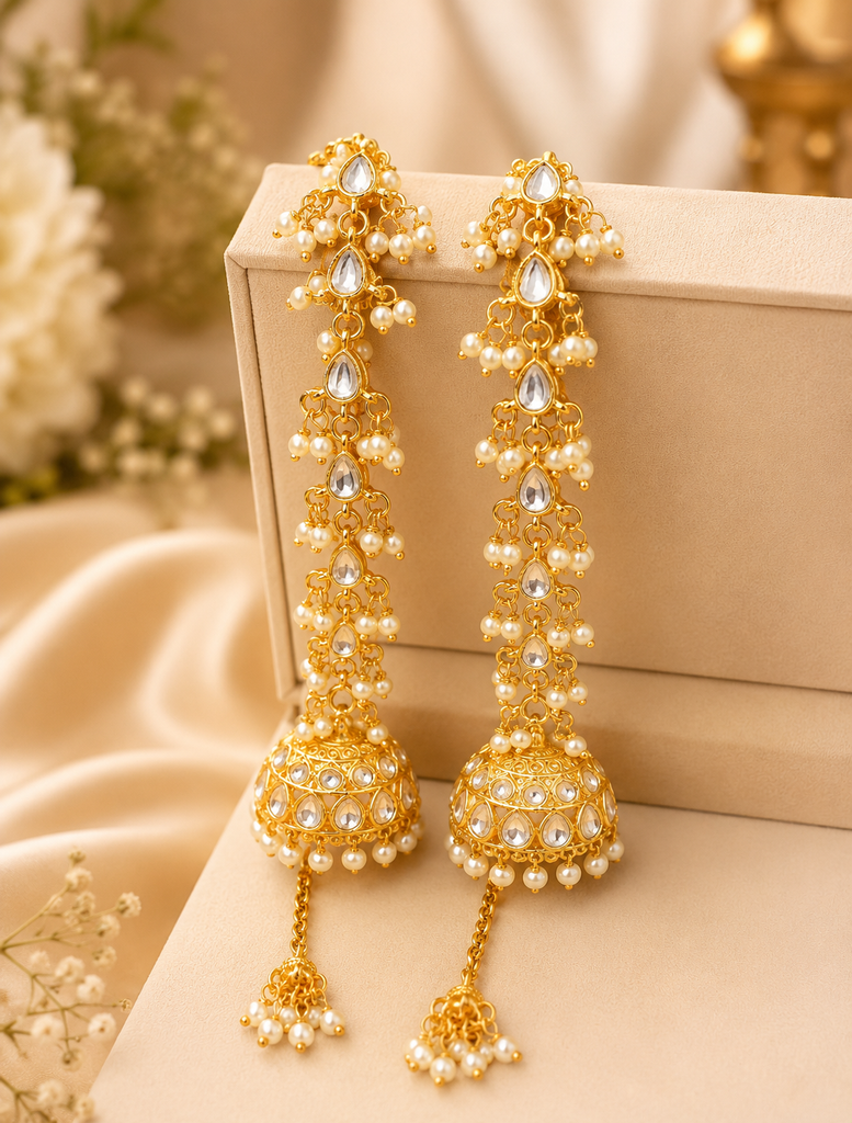 Pearl Kundan Long Jhumkas