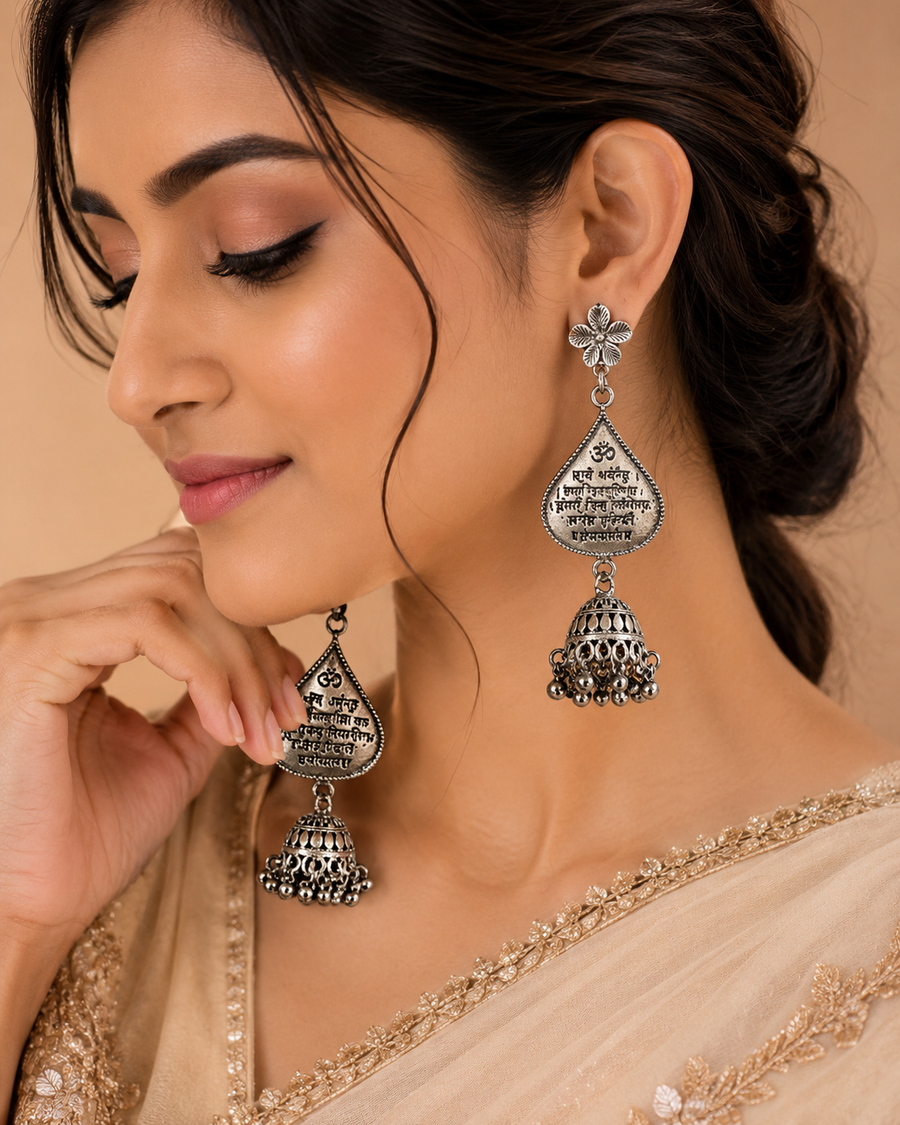 Spiritual Oxidised Drop  Jumkas Earrings