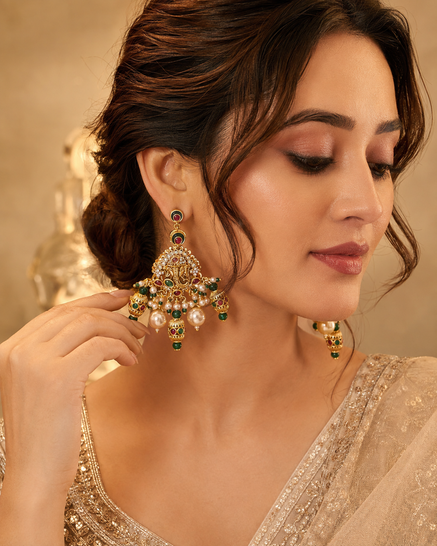 Customised Stone & Nakshi Pendent set with premium pearl & Nakshi balls