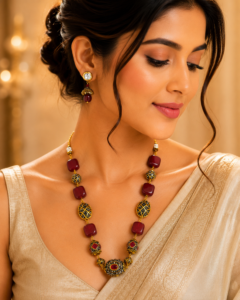Handmade designer Semiprecious stone beads Ruby Statement Necklace