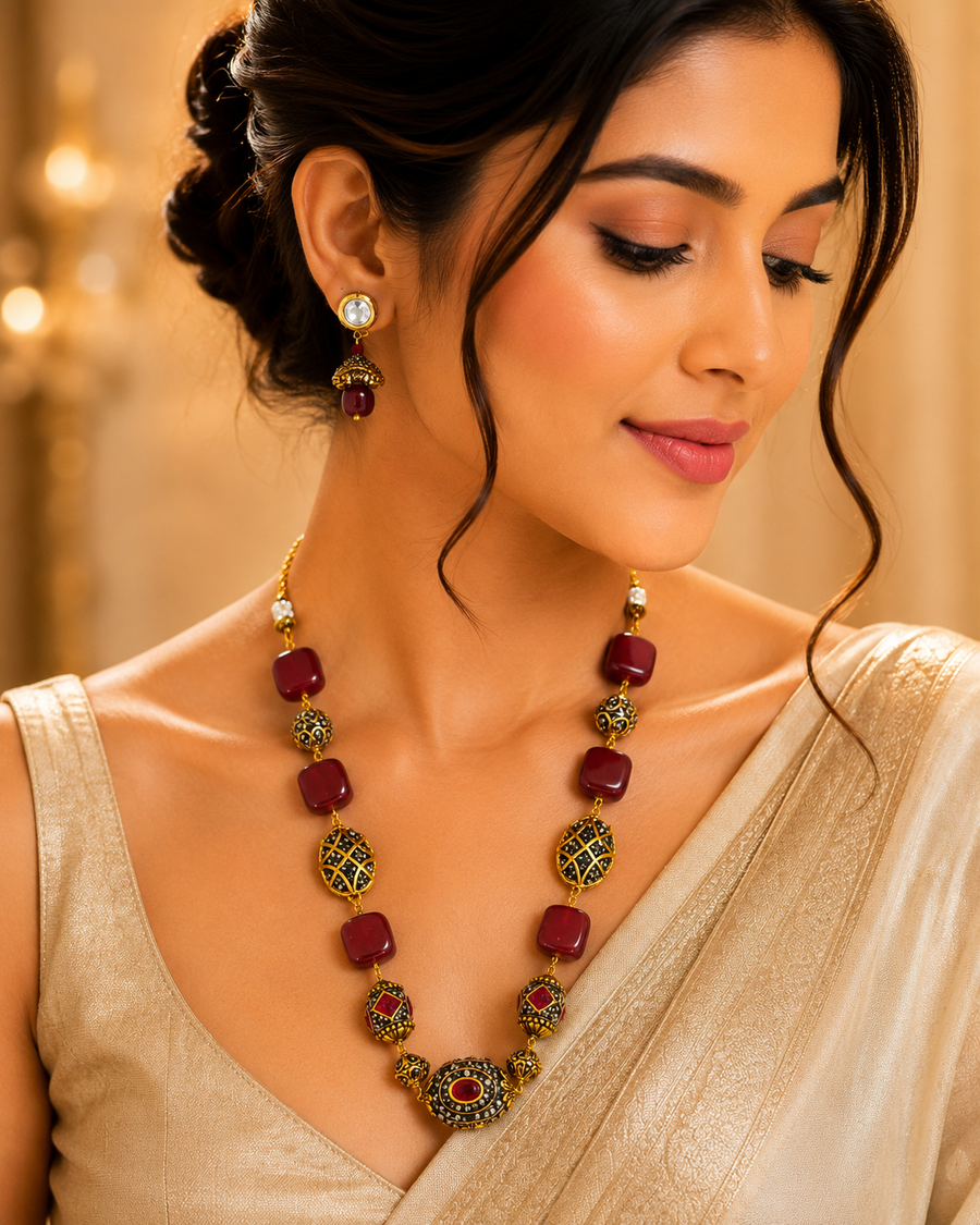 Handmade designer Semiprecious stone beads Ruby Statement Necklace