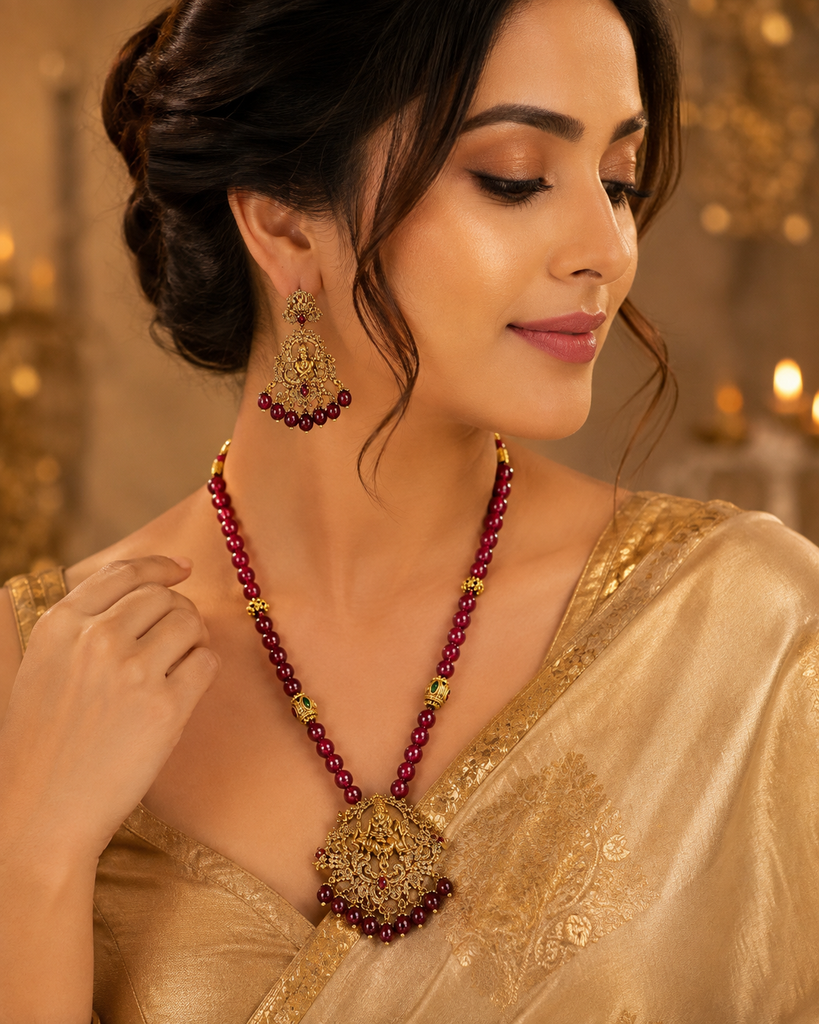 Nakshi Krishna & semiprecious Stone Beads Temple Set