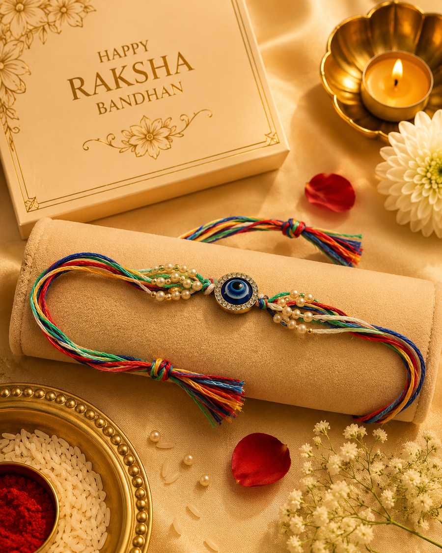 Evil Eye Pearl & Rainbow Thread Rakhi