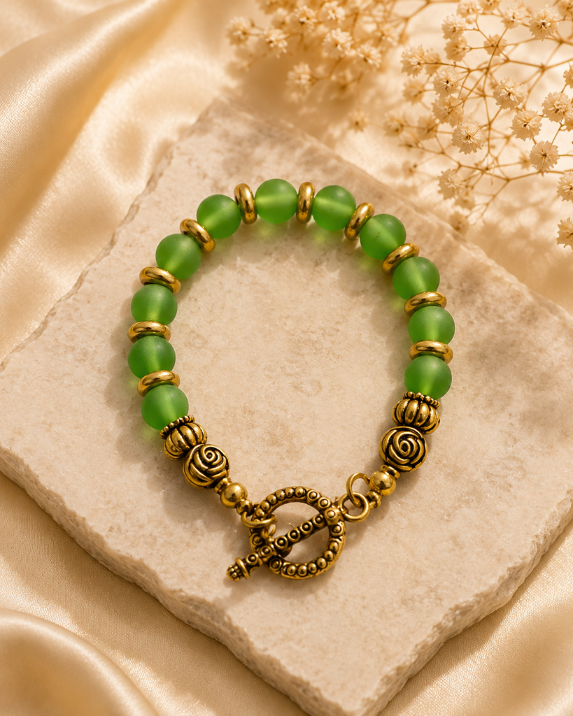 Green Frost Beaded  &Antique Gold Beaded Bracelet with Toggle clasp