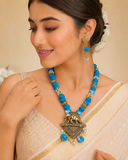 Handcrafted Elephant Pendant  & Blue Cotton BallsTemple Necklace