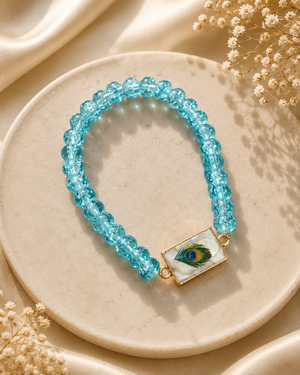 Peacock Charm & Blue 🔵 Crystal Beaded  stretchable bracelet