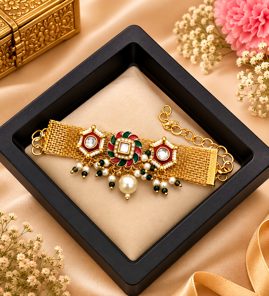 Rajwadi Patti & Royal Kundan Mesh Bracelet