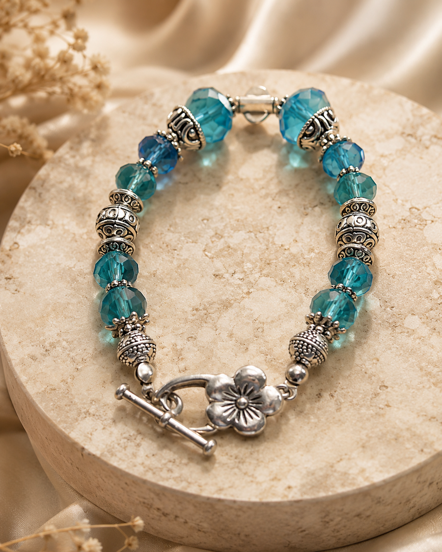 Aqua Crystal Designer Beaded  Toggle  Clasp  Bracelet