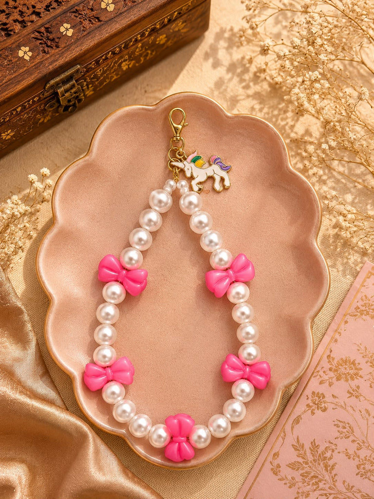 Handmade Pink Bow Pearl Mobile Phone & Bags Charm with Unicorn Charm