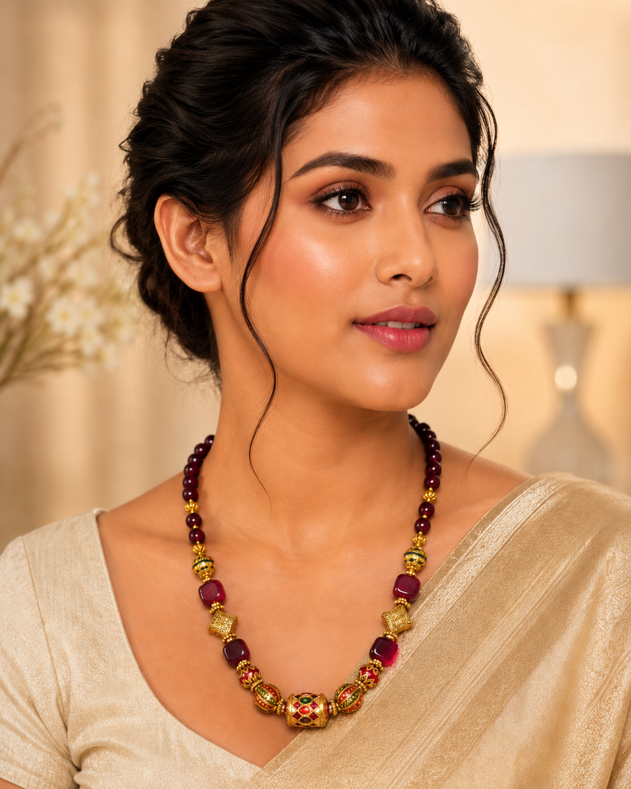Heritage Bead Statement & Semiprecious beads with Meenakari Dubi Bead Necklace
