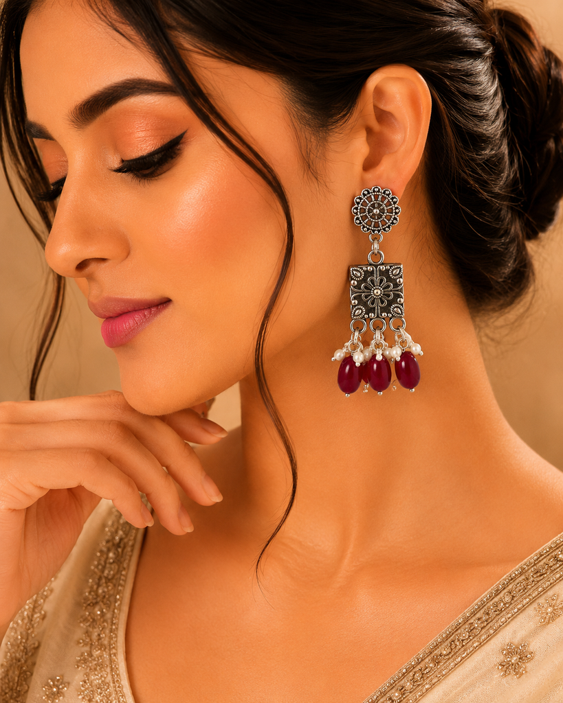 Oxidised & Vintage Ruby Drop Earrings