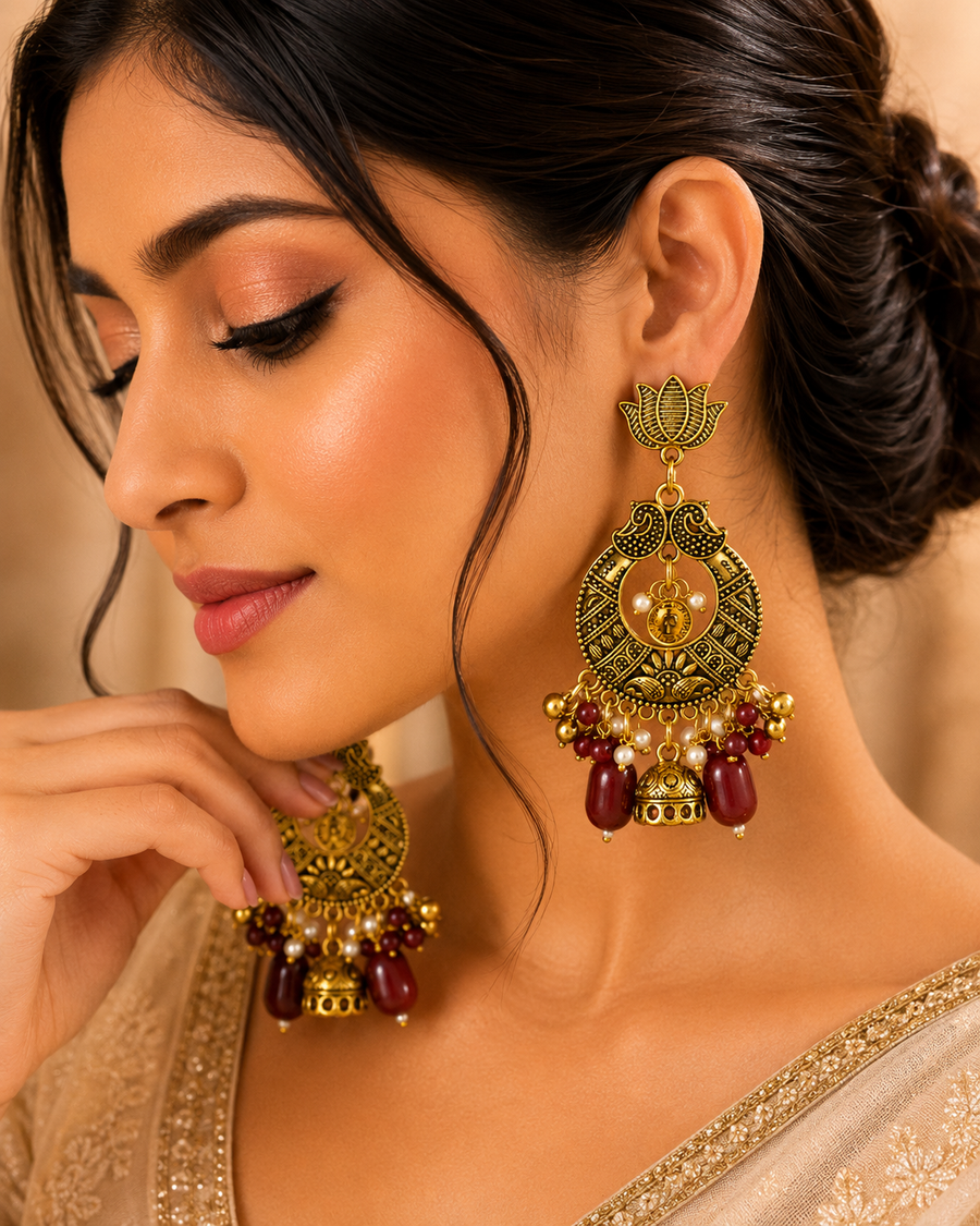Antique Oxidised Lotus Jhumkas